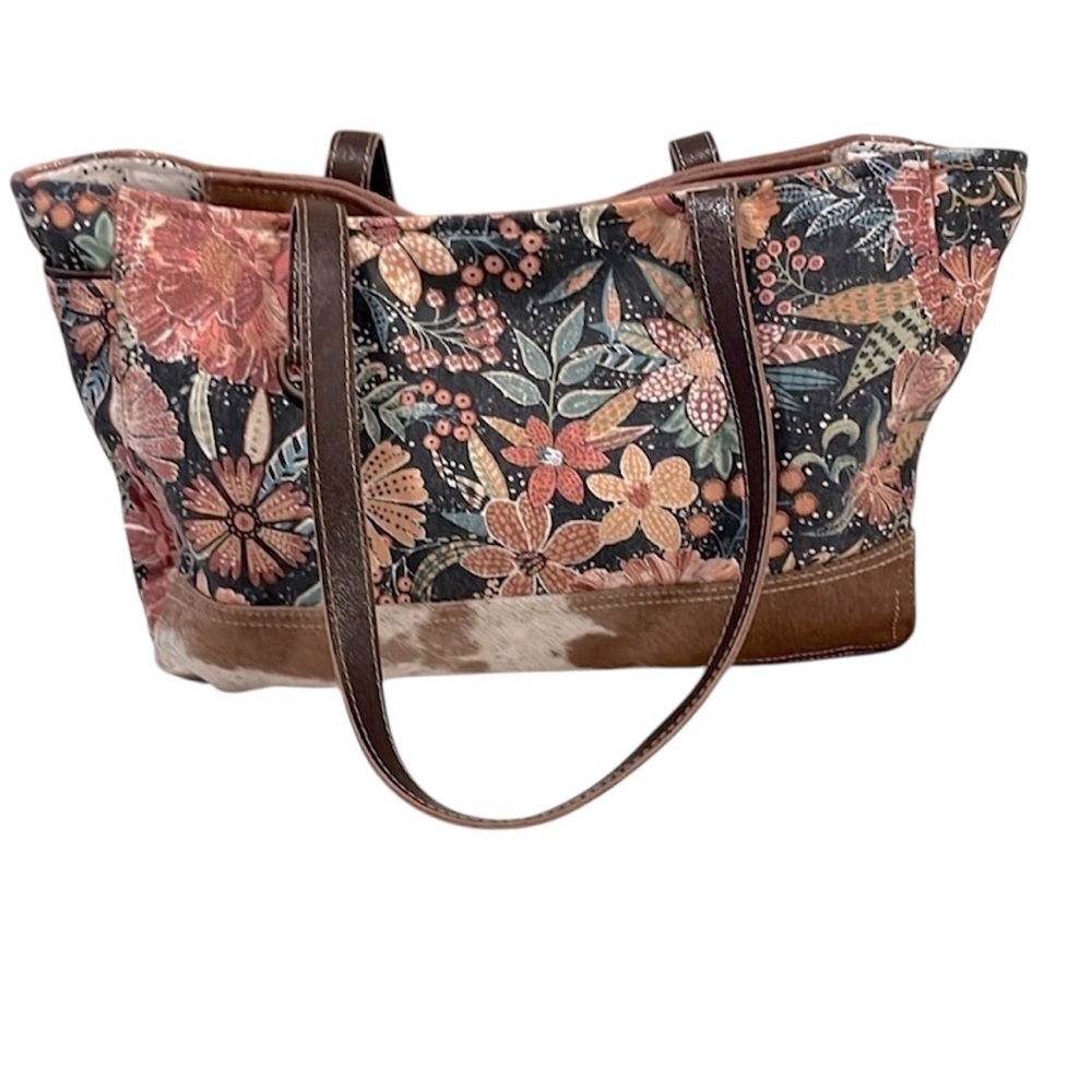 Myra Bag Floral Canvas Cowhide Boho Leather Two Handle Tote Carryon Travel Purse